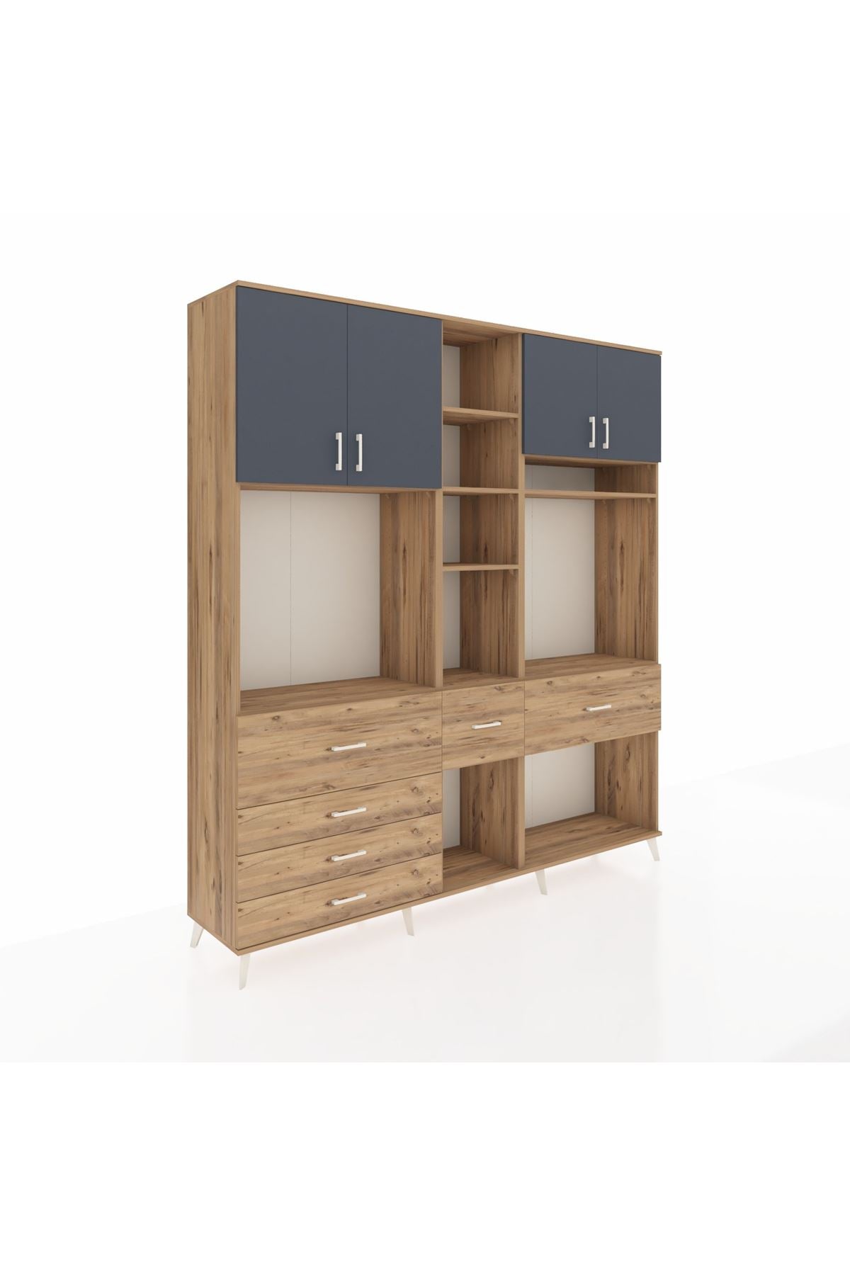 Hyperion Dolap 11 Raflı 6 Çekmeceli 4 Kapaklı 220x44x243 Çam-Antrasit/Çam