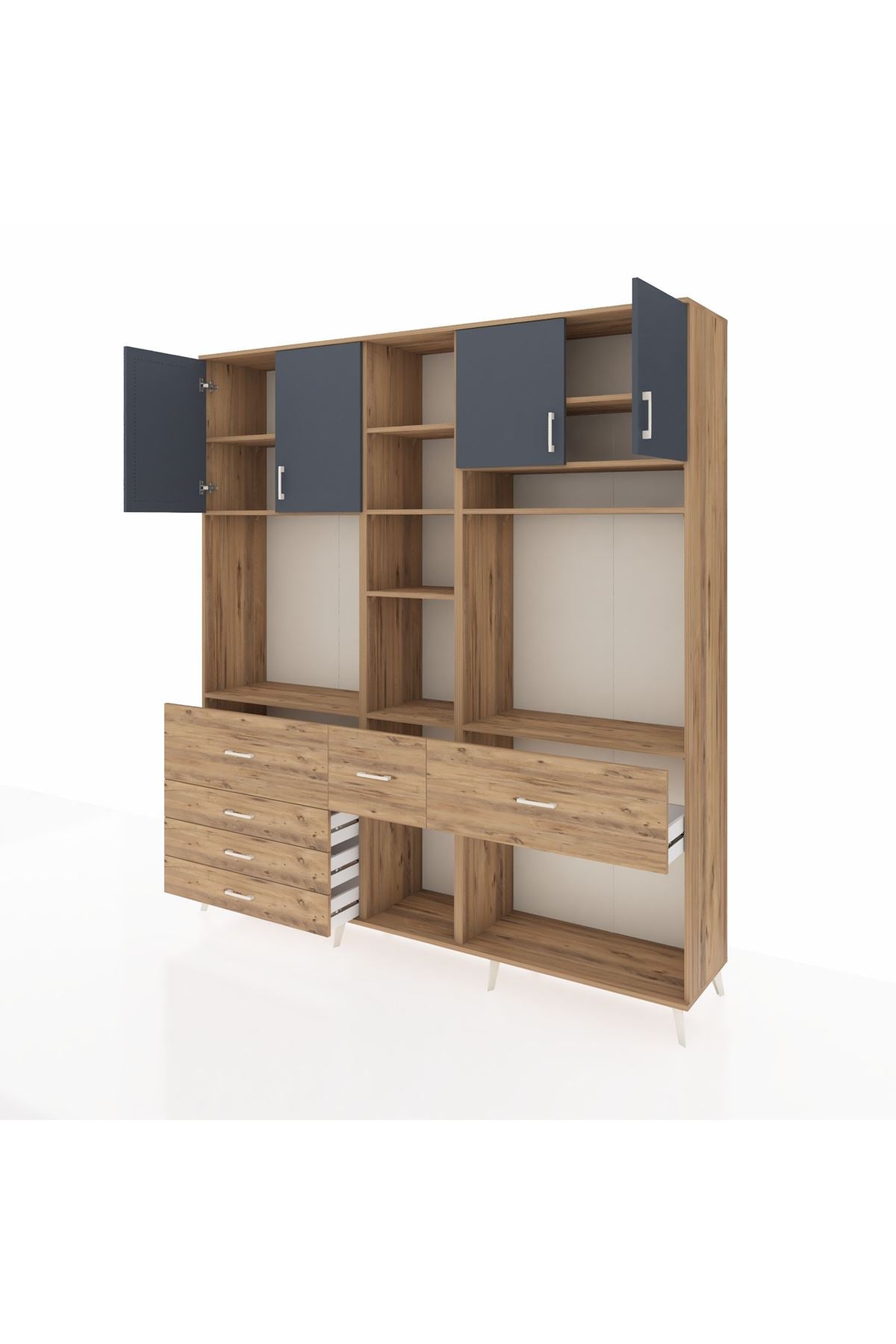 Hyperion Dolap 11 Raflı 6 Çekmeceli 4 Kapaklı 220x44x243 Çam-Antrasit/Çam