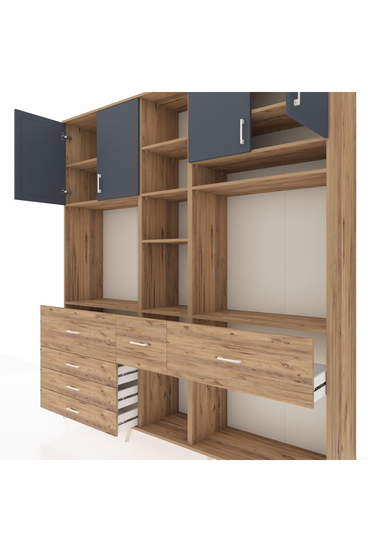 Hyperion Dolap 11 Raflı 6 Çekmeceli 4 Kapaklı 220x44x243 Çam-Antrasit/Çam