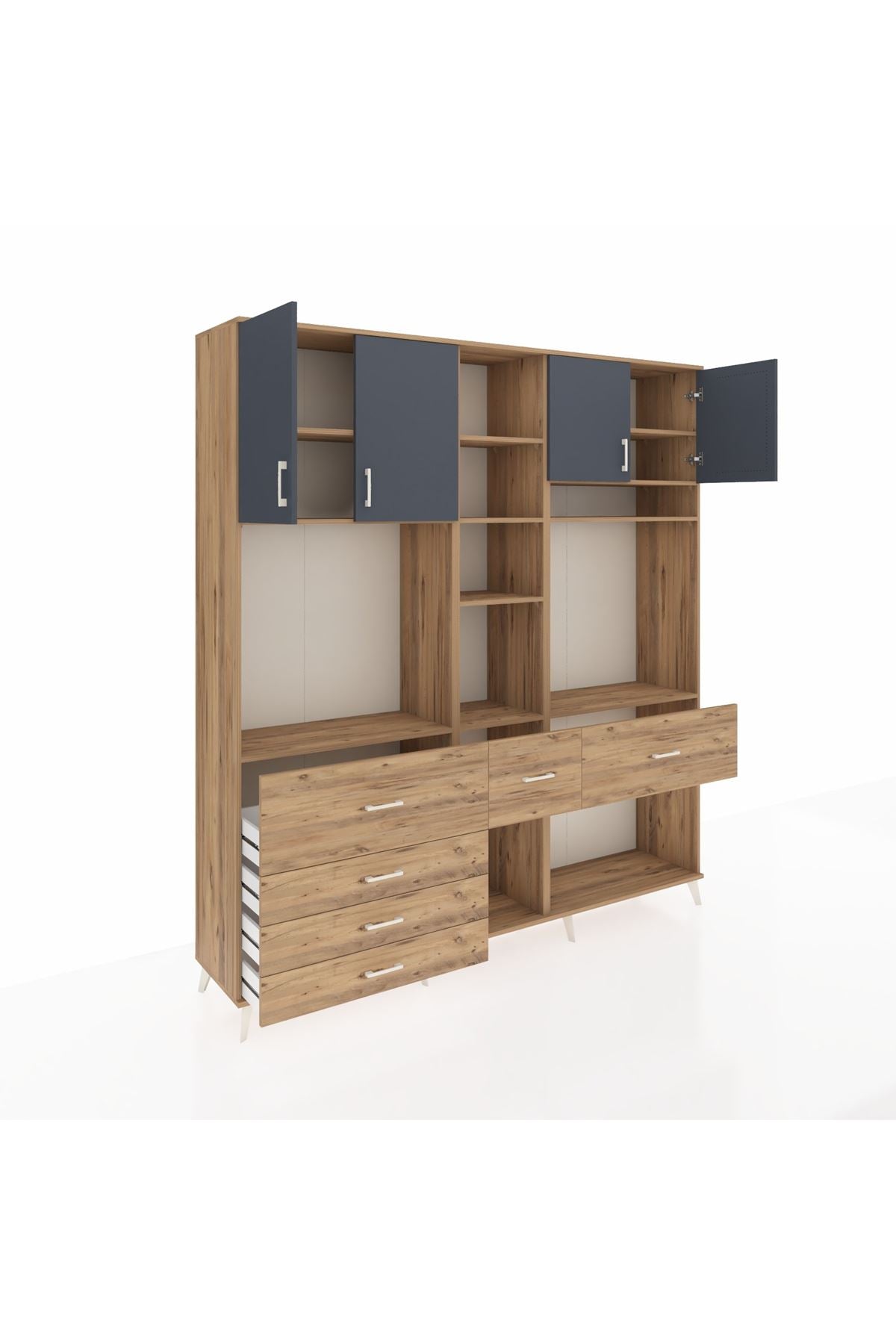 Hyperion Dolap 11 Raflı 6 Çekmeceli 4 Kapaklı 220x44x243 Çam-Antrasit/Çam