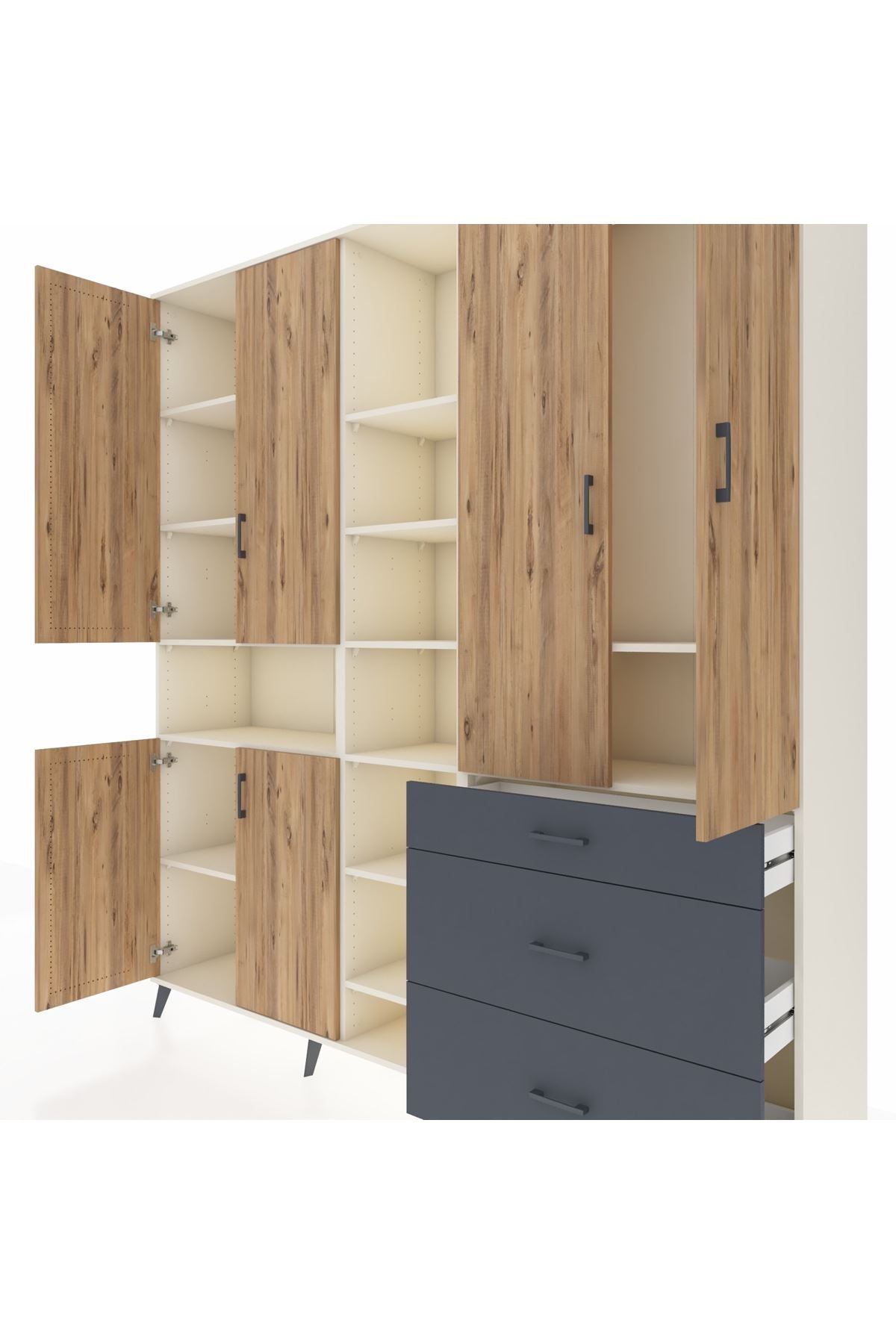 Hyperion Dolap 13 Raflı 3 Çekmeceli 6 Kapaklı 220x44x243 Aytaşı-Çam/Antrasit