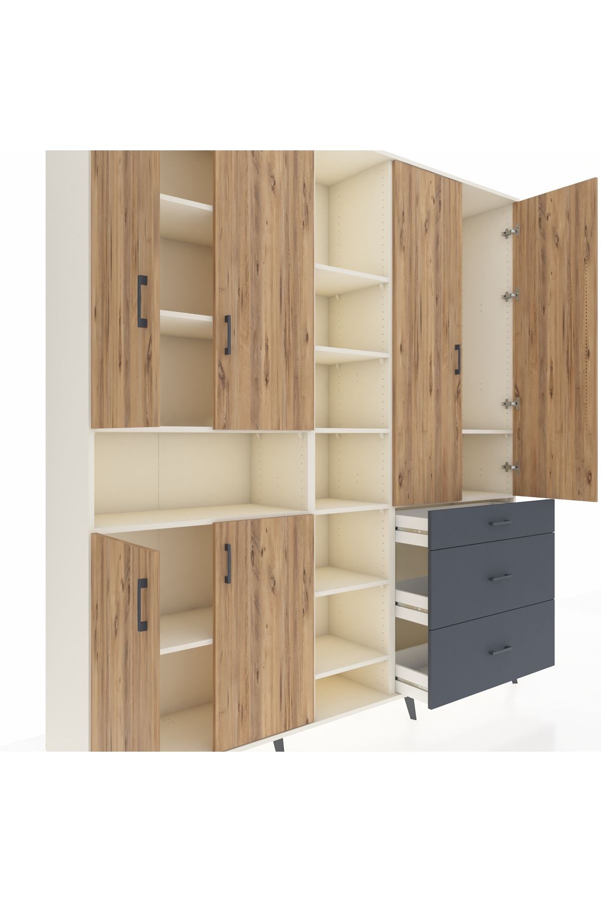 Hyperion Dolap 13 Raflı 3 Çekmeceli 6 Kapaklı 220x44x243 Aytaşı-Çam/Antrasit