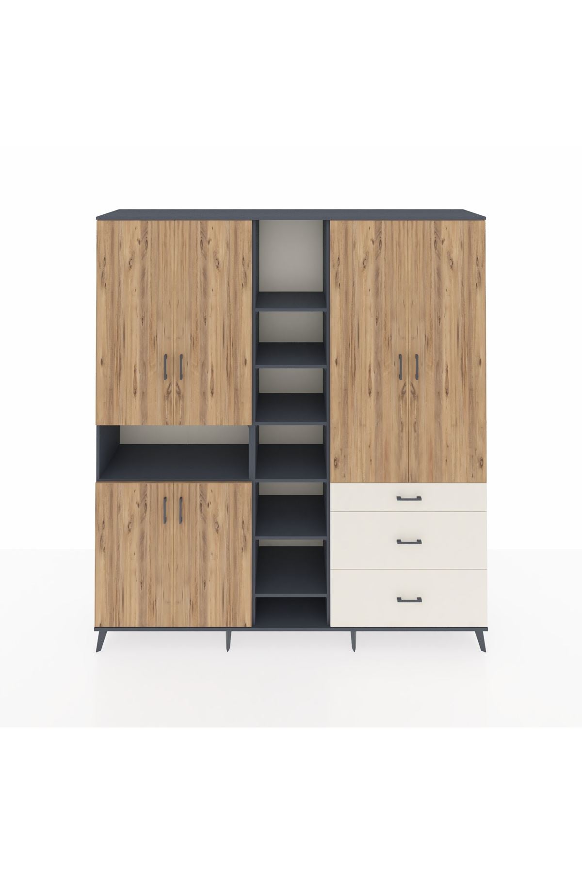 Hyperion Dolap 13 Raflı 3 Çekmeceli 6 Kapaklı 220x44x243 Antrasit-Çam/Aytaşı