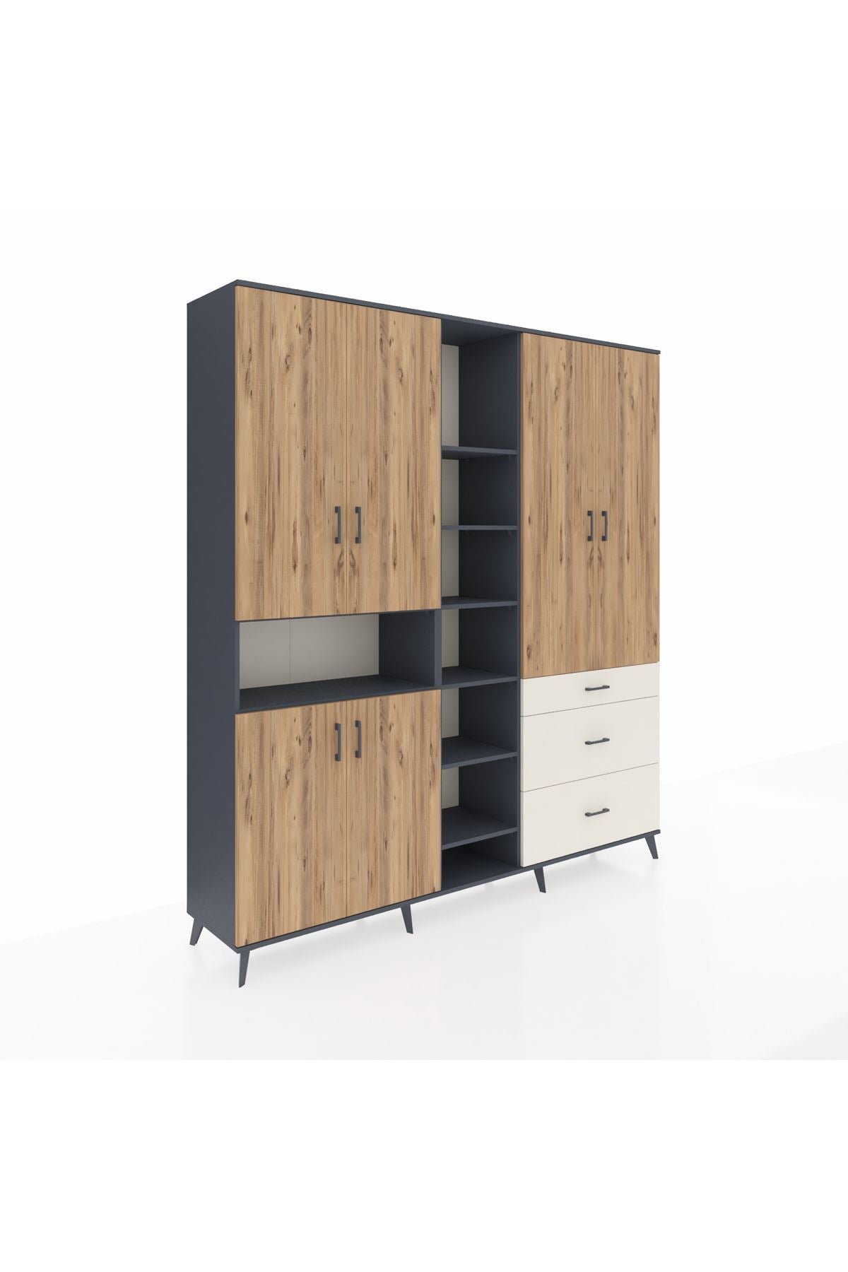 Hyperion Dolap 13 Raflı 3 Çekmeceli 6 Kapaklı 220x44x243 Antrasit-Çam/Aytaşı