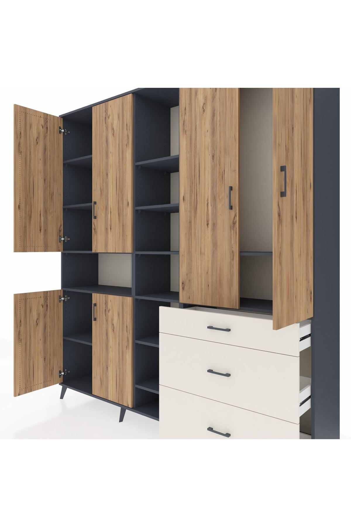 Hyperion Dolap 13 Raflı 3 Çekmeceli 6 Kapaklı 220x44x243 Antrasit-Çam/Aytaşı