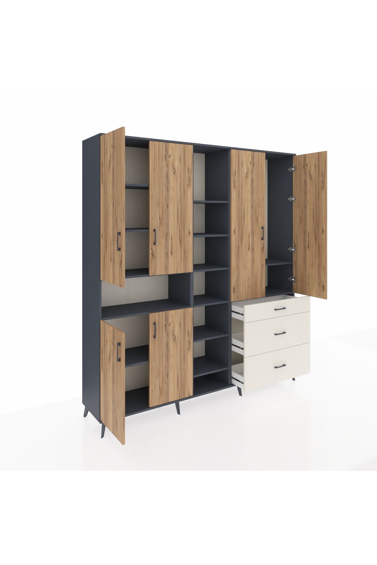 Hyperion Dolap 13 Raflı 3 Çekmeceli 6 Kapaklı 220x44x243 Antrasit-Çam/Aytaşı