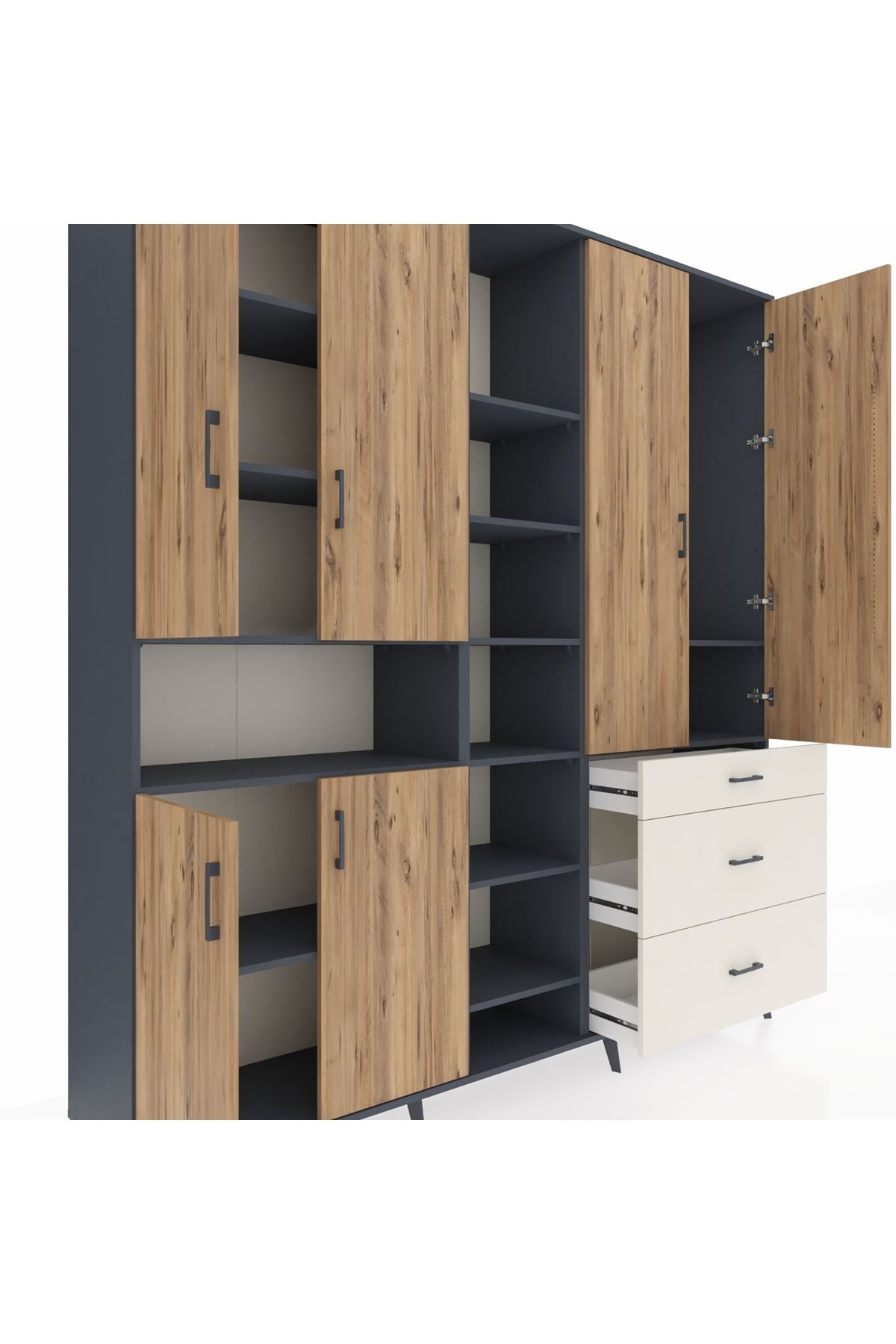 Hyperion Dolap 13 Raflı 3 Çekmeceli 6 Kapaklı 220x44x243 Antrasit-Çam/Aytaşı