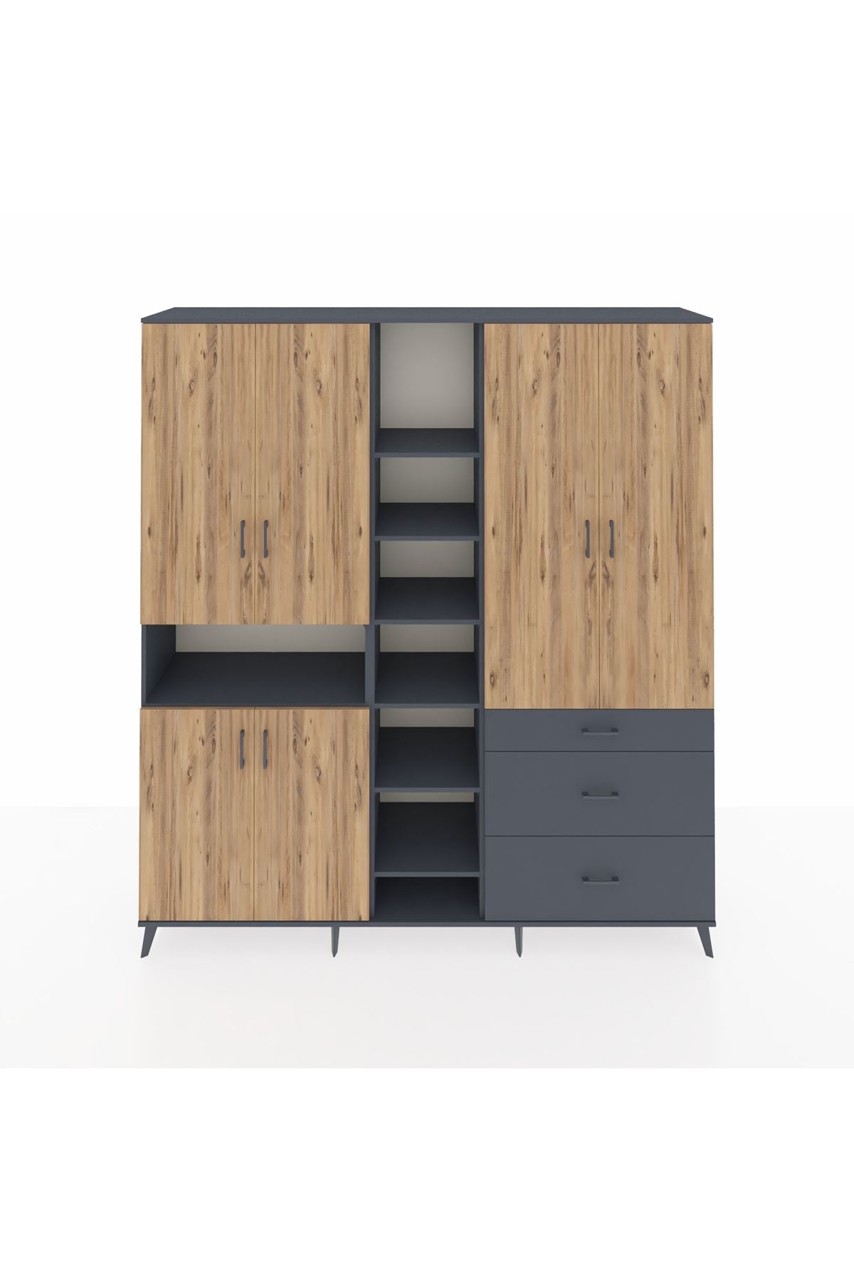 Hyperion Dolap 13 Raflı 3 Çekmeceli 6 Kapaklı 220x44x243 Antrasit-Çam/Antrasit