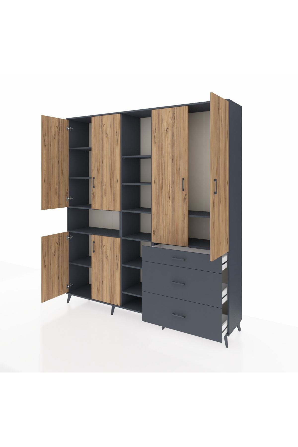 Hyperion Dolap 13 Raflı 3 Çekmeceli 6 Kapaklı 220x44x243 Antrasit-Çam/Antrasit