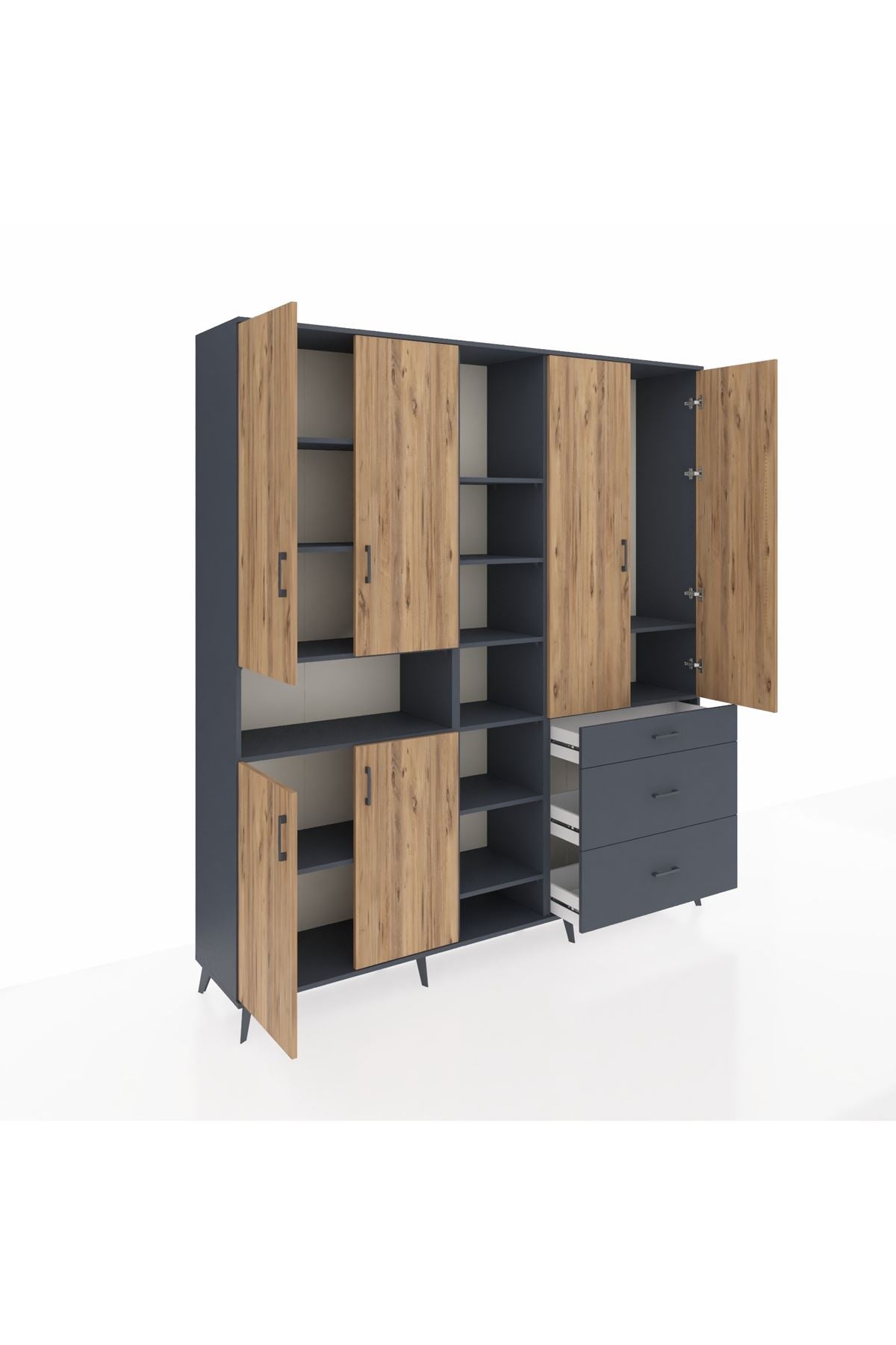 Hyperion Dolap 13 Raflı 3 Çekmeceli 6 Kapaklı 220x44x243 Antrasit-Çam/Antrasit