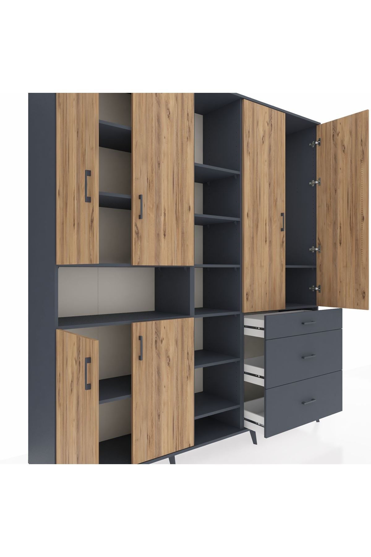 Hyperion Dolap 13 Raflı 3 Çekmeceli 6 Kapaklı 220x44x243 Antrasit-Çam/Antrasit