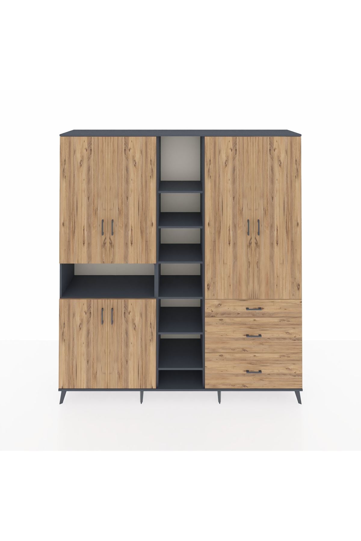 Hyperion Dolap 13 Raflı 3 Çekmeceli 6 Kapaklı 220x44x243 Antrasit-Çam/Çam