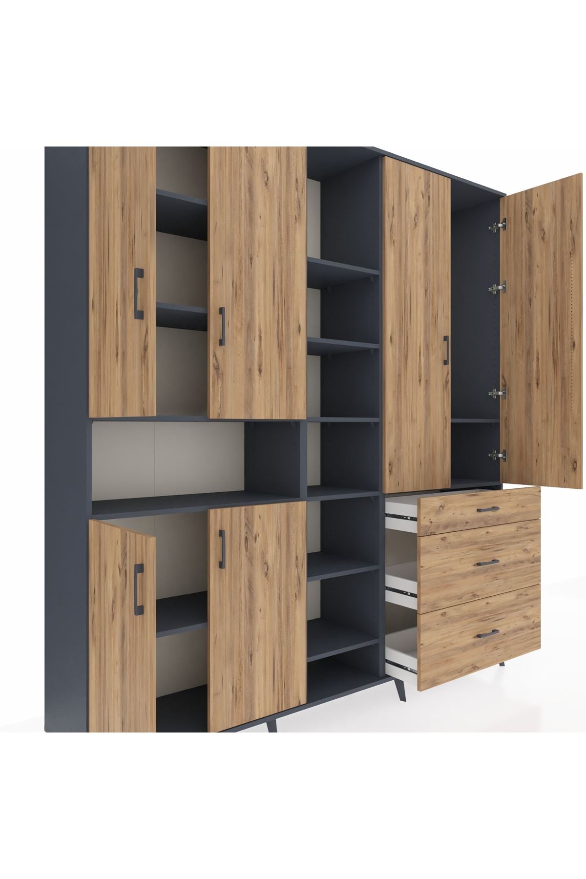 Hyperion Dolap 13 Raflı 3 Çekmeceli 6 Kapaklı 220x44x243 Antrasit-Çam/Çam