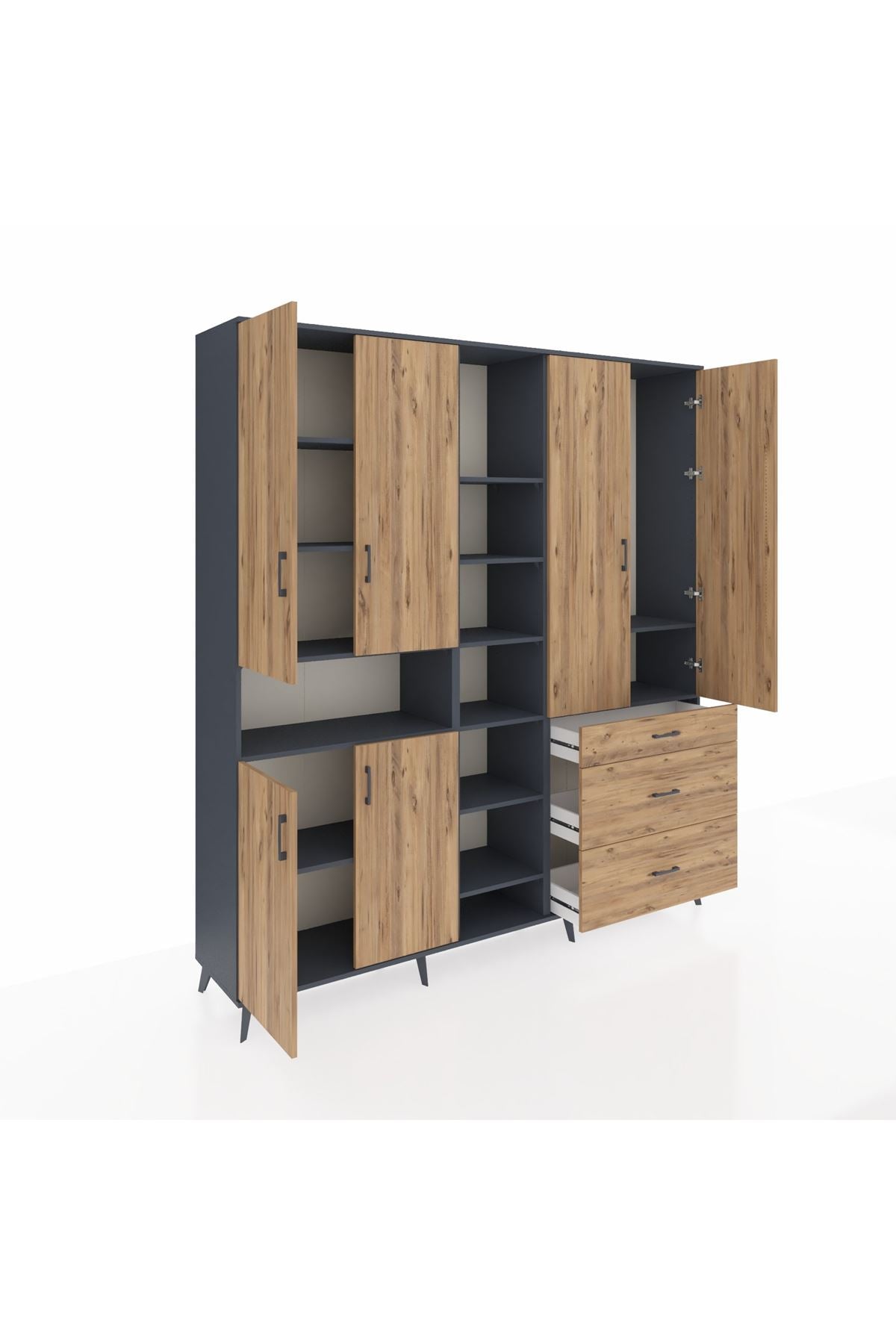 Hyperion Dolap 13 Raflı 3 Çekmeceli 6 Kapaklı 220x44x243 Antrasit-Çam/Çam