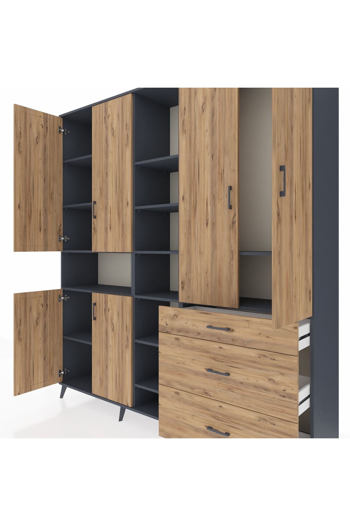 Hyperion Dolap 13 Raflı 3 Çekmeceli 6 Kapaklı 220x44x243 Antrasit-Çam/Çam