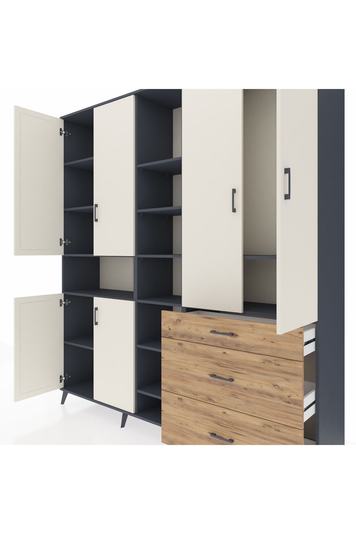 Hyperion Dolap 13 Raflı 3 Çekmeceli 6 Kapaklı 220x44x243 Antrasit-Aytaşı/Çam