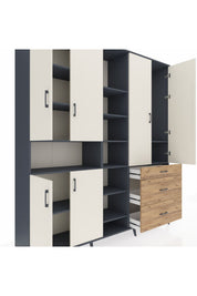 Hyperion Dolap 13 Raflı 3 Çekmeceli 6 Kapaklı 220x44x243 Antrasit-Aytaşı/Çam