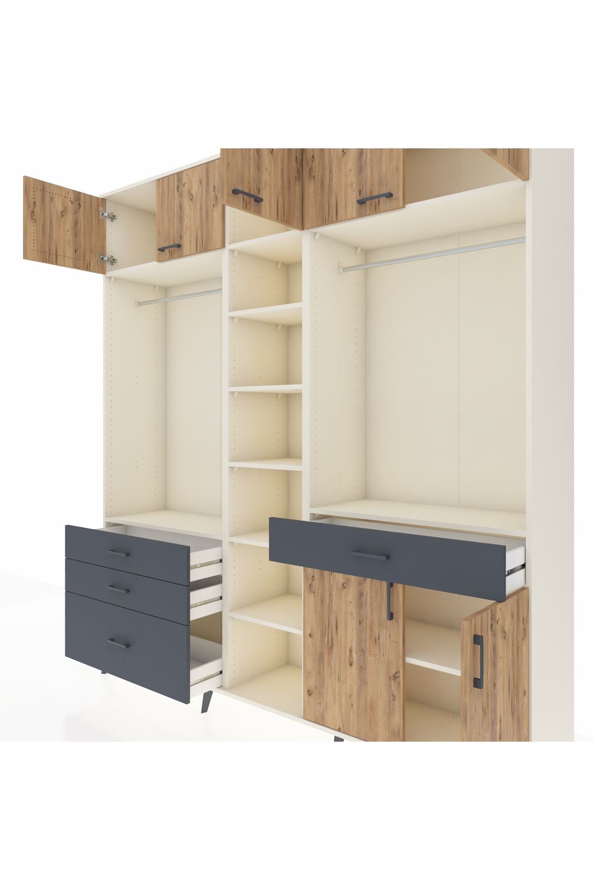 Hyperion Dolap 11 Raflı 4 Çekmeceli 2 Askılı 220x44x243 Aytaşı-Çam/Antrasit