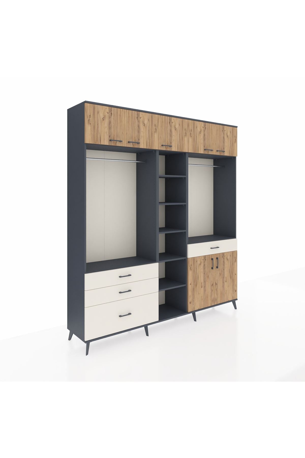 Hyperion Dolap 11 Raflı 4 Çekmeceli 2 Askılı 220x44x243 Antrasit-Çam/Aytaşı