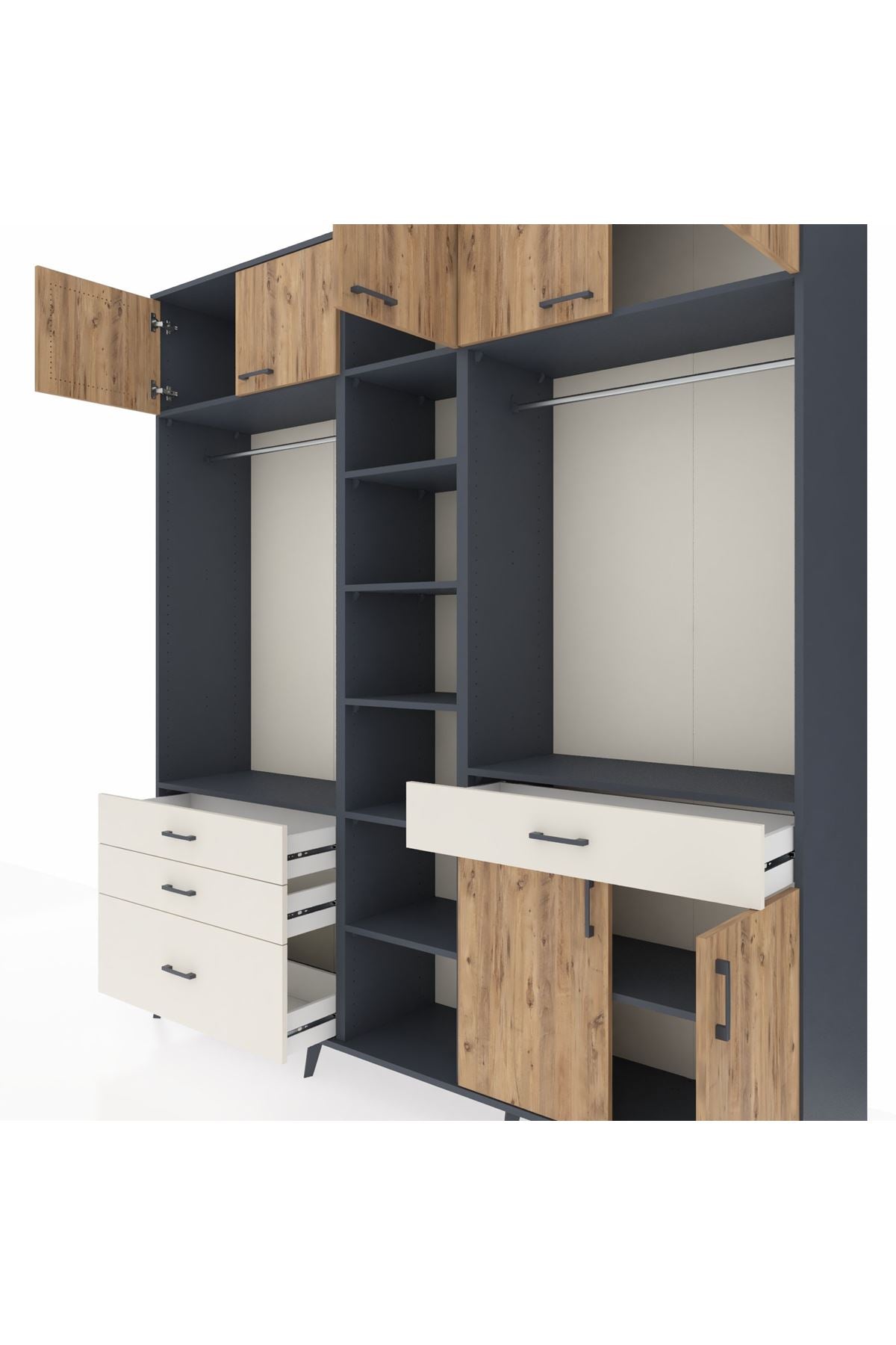 Hyperion Dolap 11 Raflı 4 Çekmeceli 2 Askılı 220x44x243 Antrasit-Çam/Aytaşı