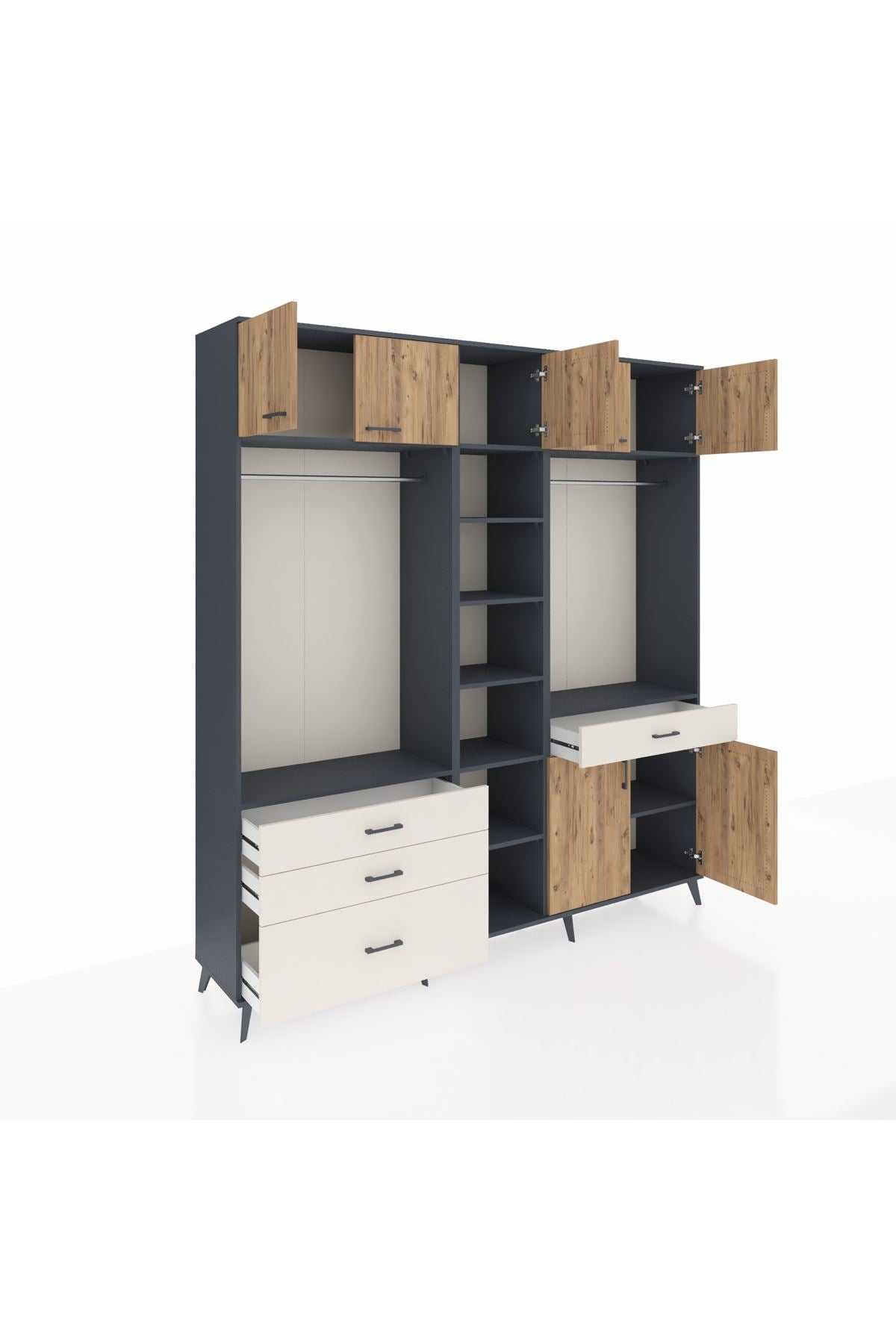 Hyperion Dolap 11 Raflı 4 Çekmeceli 2 Askılı 220x44x243 Antrasit-Çam/Aytaşı