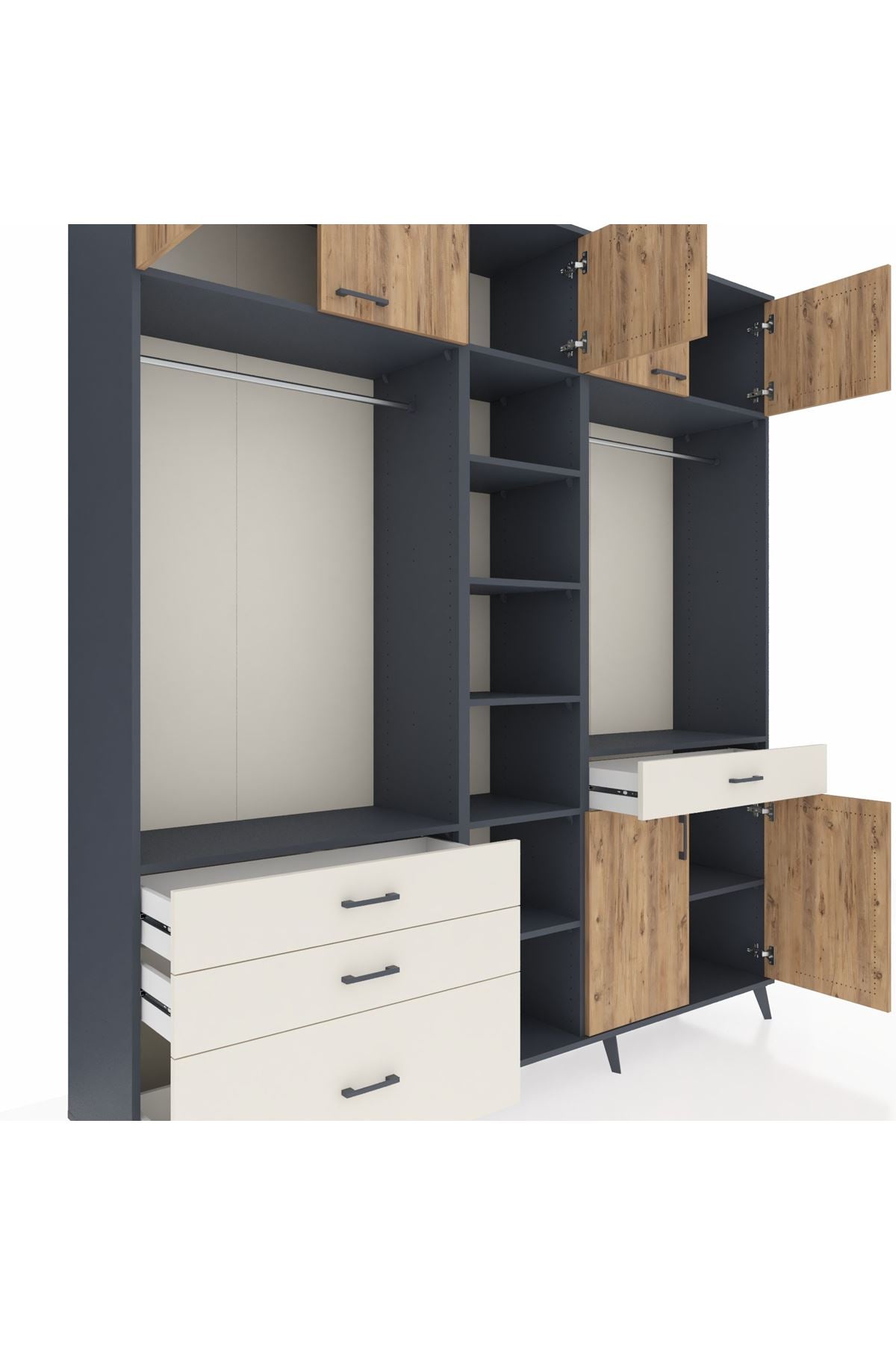 Hyperion Dolap 11 Raflı 4 Çekmeceli 2 Askılı 220x44x243 Antrasit-Çam/Aytaşı