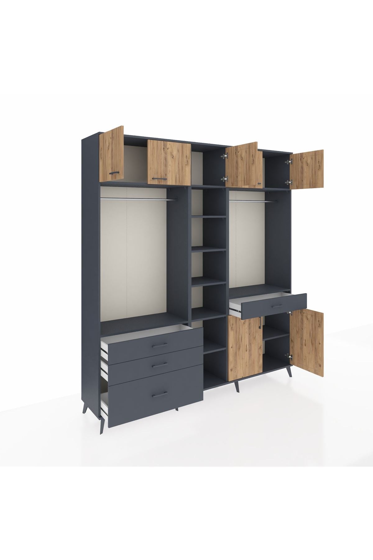 Hyperion Dolap 11 Raflı 4 Çekmeceli 2 Askılı 220x44x243 Antrasit-Çam/Antrasit