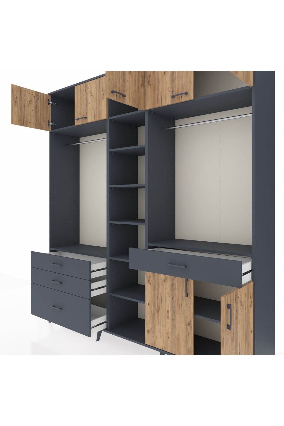 Hyperion Dolap 11 Raflı 4 Çekmeceli 2 Askılı 220x44x243 Antrasit-Çam/Antrasit