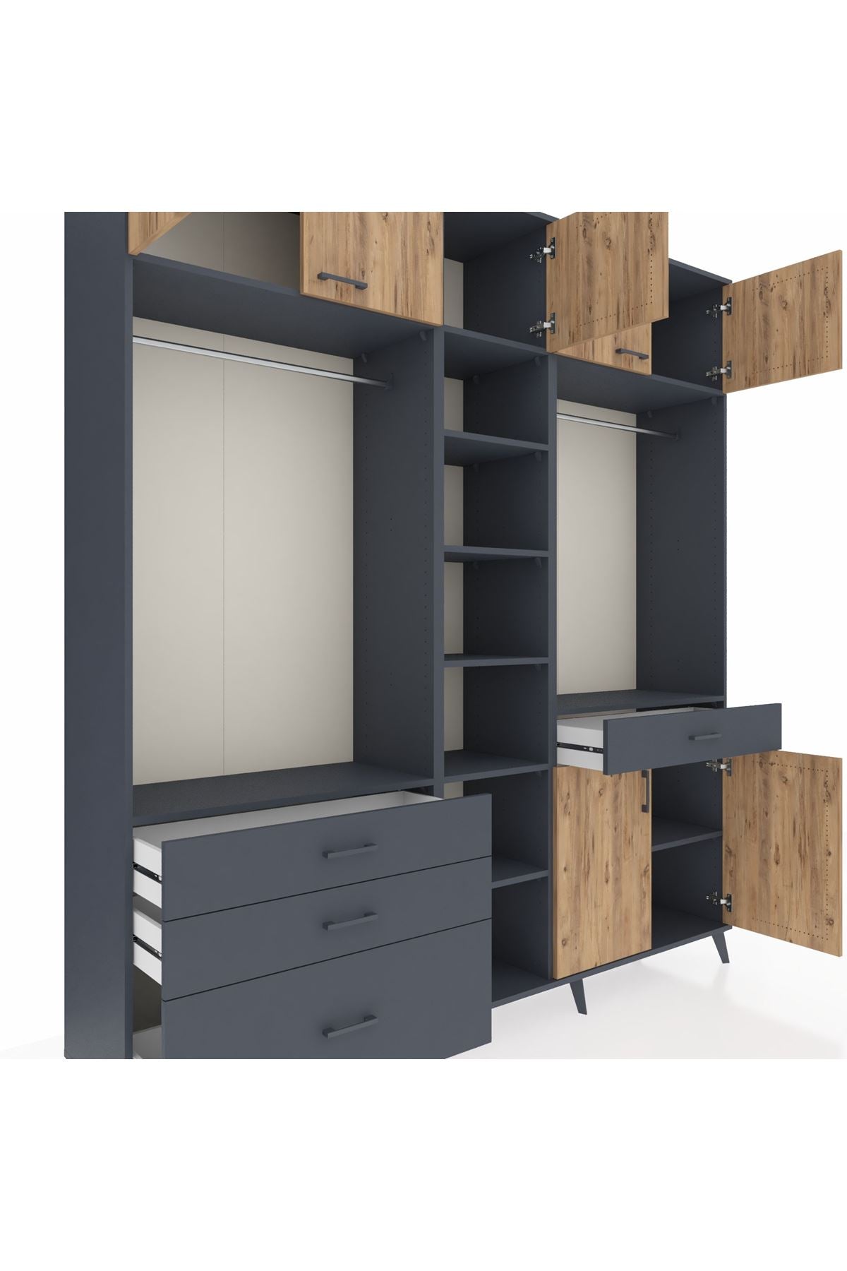 Hyperion Dolap 11 Raflı 4 Çekmeceli 2 Askılı 220x44x243 Antrasit-Çam/Antrasit