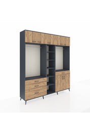 Hyperion Gardrop 11 Raflı 4 Çekmeceli 2 Askılı 220x44x243 Antrasit-Çam/Çam