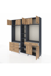 Hyperion Gardrop 11 Raflı 4 Çekmeceli 2 Askılı 220x44x243 Antrasit-Çam/Çam