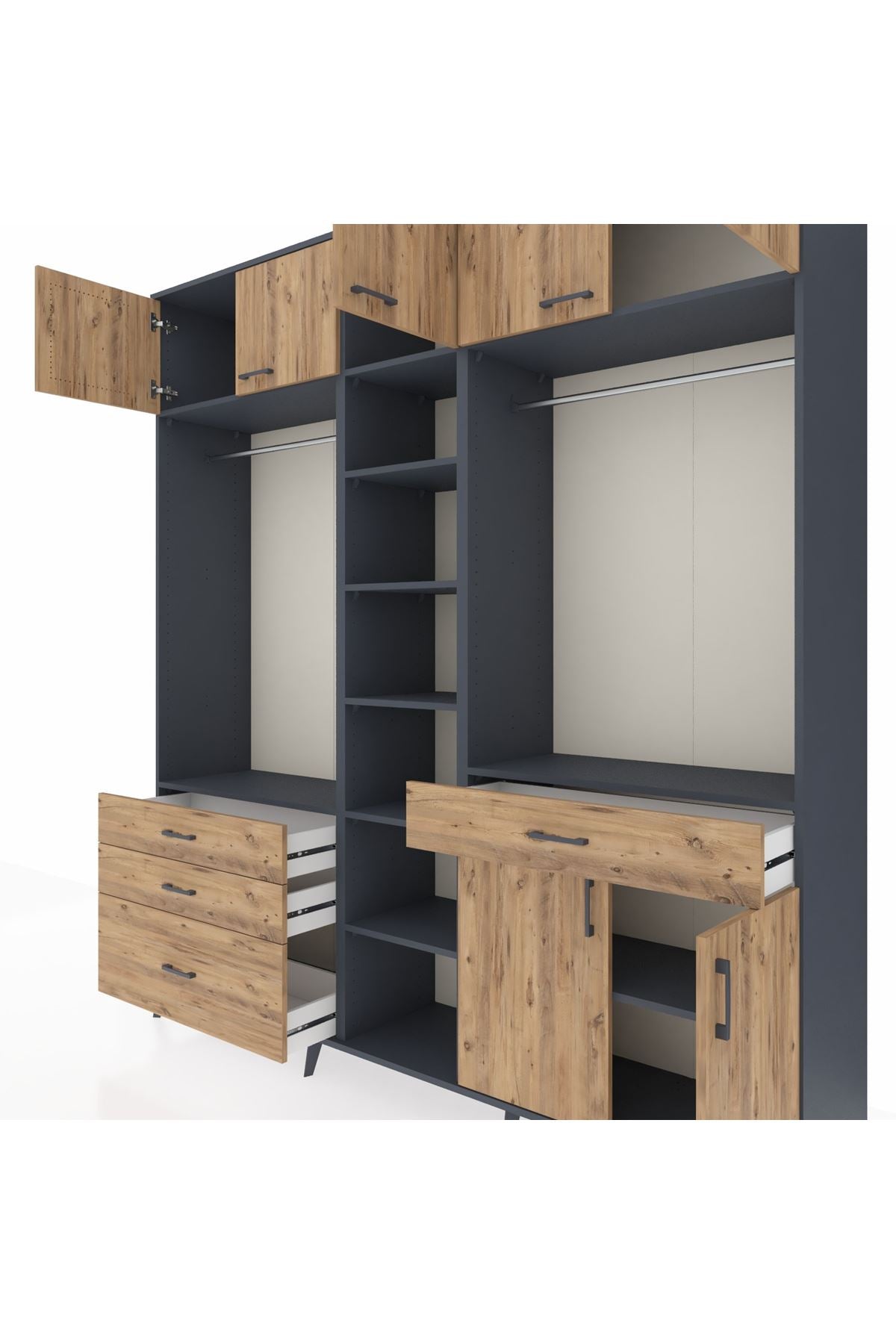 Hyperion Gardrop 11 Raflı 4 Çekmeceli 2 Askılı 220x44x243 Antrasit-Çam/Çam