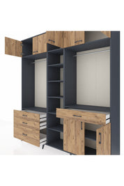 Hyperion Gardrop 11 Raflı 4 Çekmeceli 2 Askılı 220x44x243 Antrasit-Çam/Çam