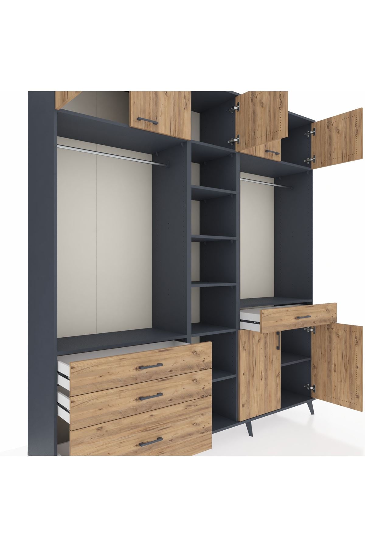 Hyperion Gardrop 11 Raflı 4 Çekmeceli 2 Askılı 220x44x243 Antrasit-Çam/Çam