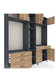Hyperion Gardrop 11 Raflı 4 Çekmeceli 2 Askılı 220x44x243 Antrasit-Çam/Çam