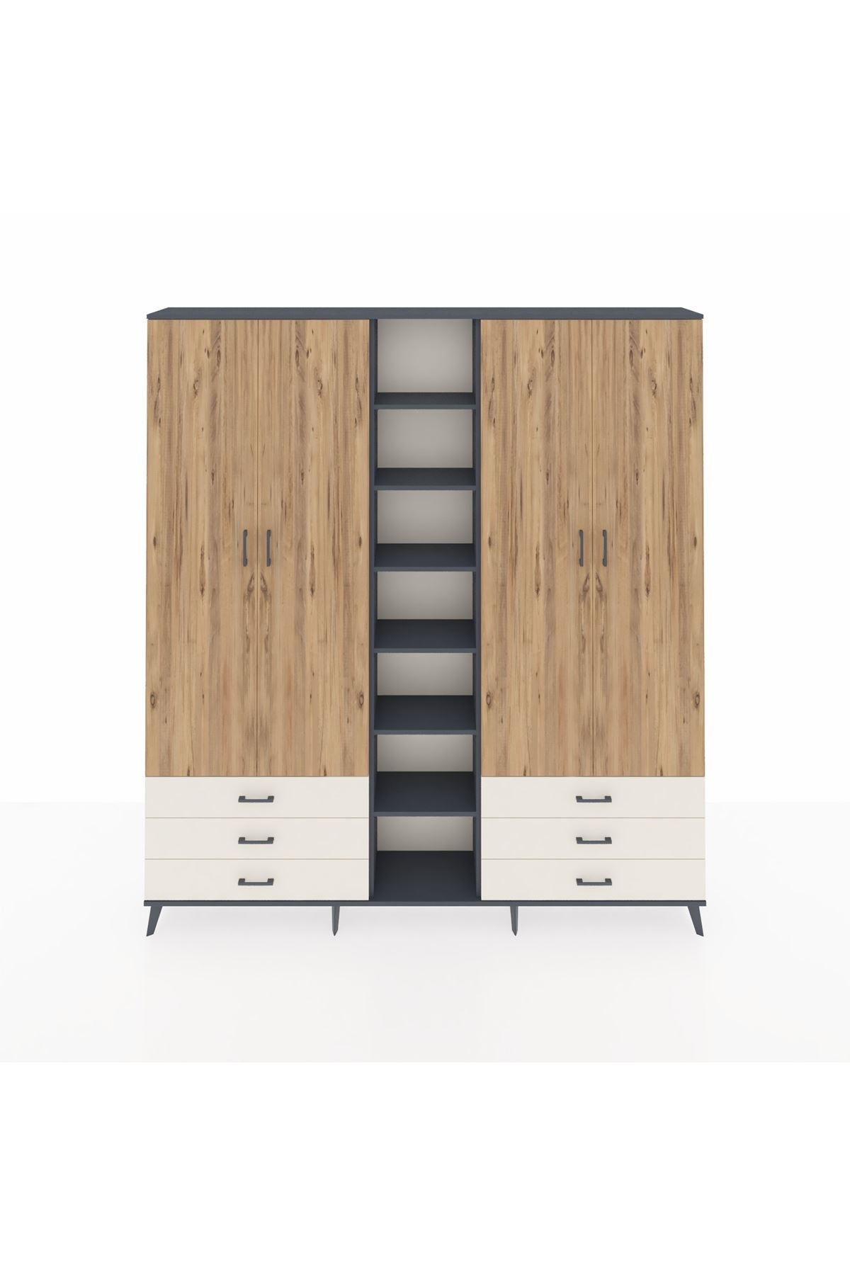 Arges Dolap 13 Raflı 6 Çekmeceli 2 Askılı 220x30x243 Antrasit-Çam/Aytaşı