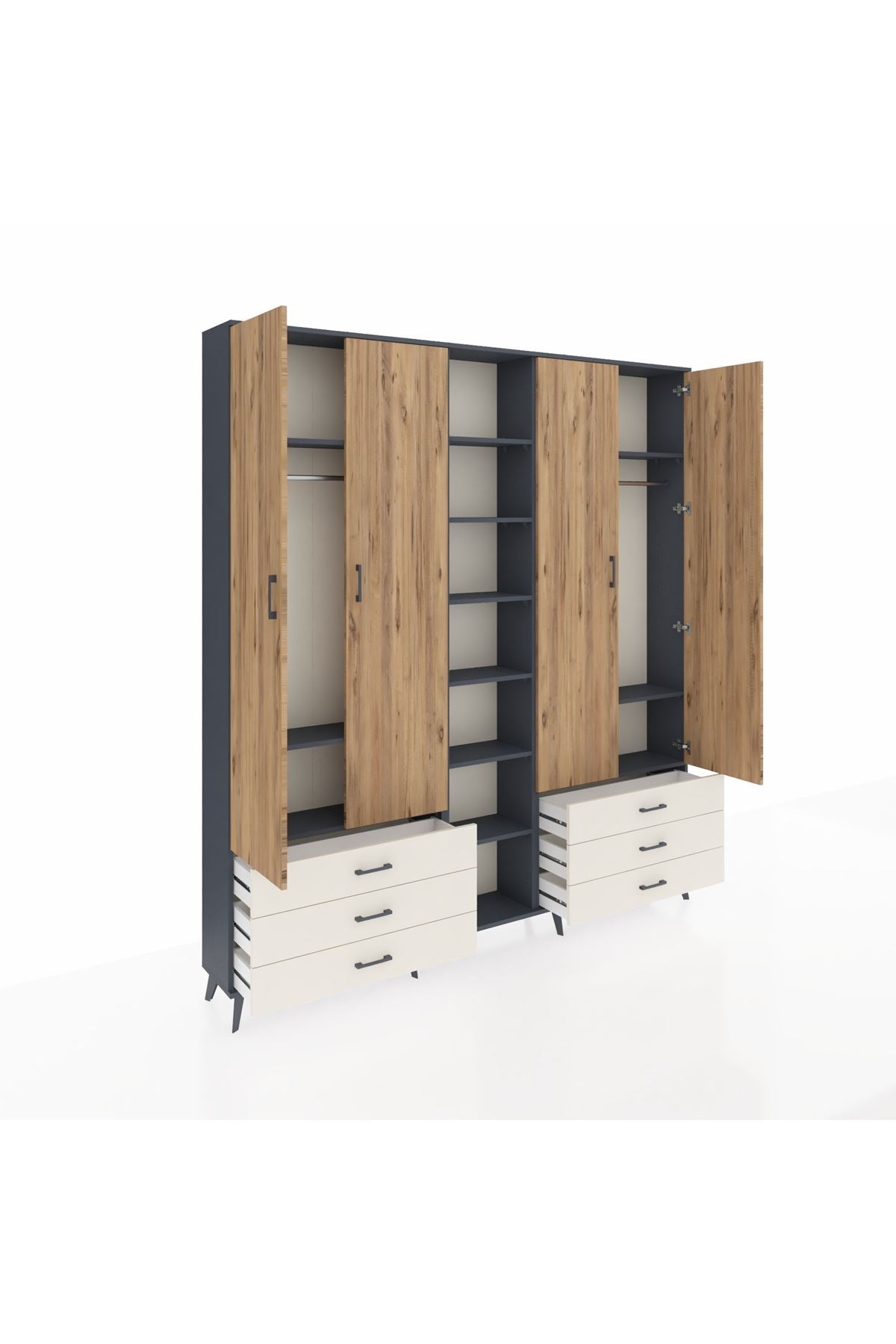 Arges Dolap 13 Raflı 6 Çekmeceli 2 Askılı 220x30x243 Antrasit-Çam/Aytaşı