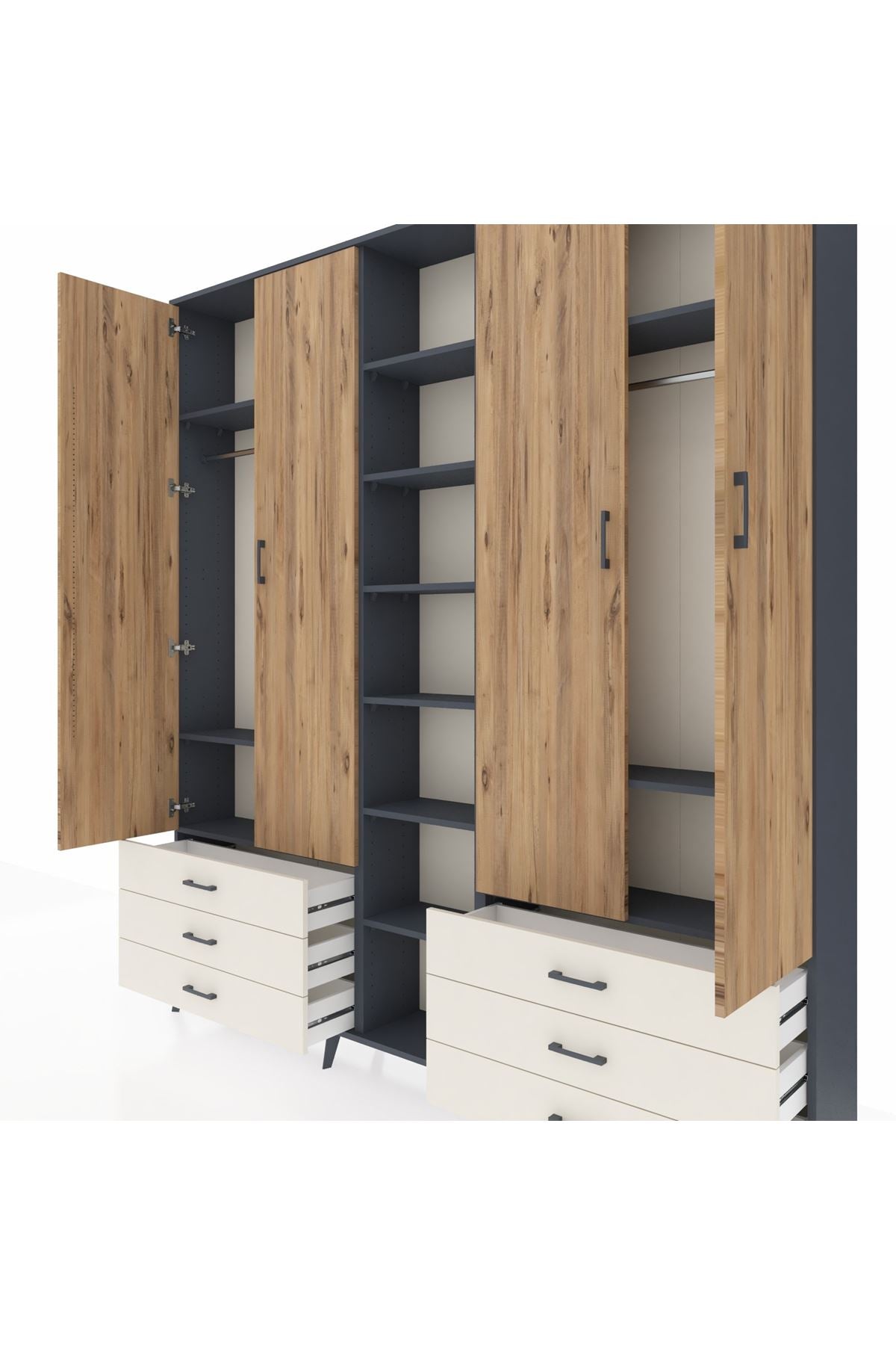 Arges Dolap 13 Raflı 6 Çekmeceli 2 Askılı 220x30x243 Antrasit-Çam/Aytaşı