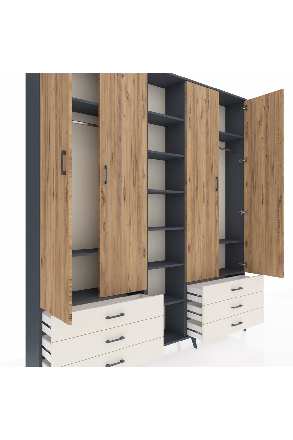 Arges Dolap 13 Raflı 6 Çekmeceli 2 Askılı 220x30x243 Antrasit-Çam/Aytaşı