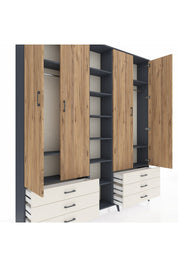 Arges Dolap 13 Raflı 6 Çekmeceli 2 Askılı 220x30x243 Antrasit-Çam/Aytaşı