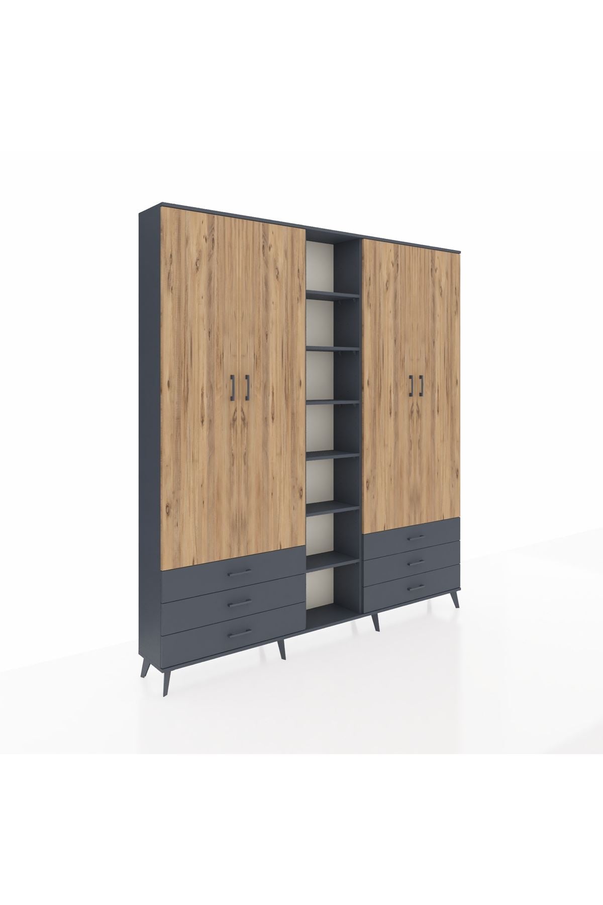 Arges Dolap 13 Raflı 6 Çekmeceli 2 Askılı 220x30x243 Antrasit-Çam/Antrasit