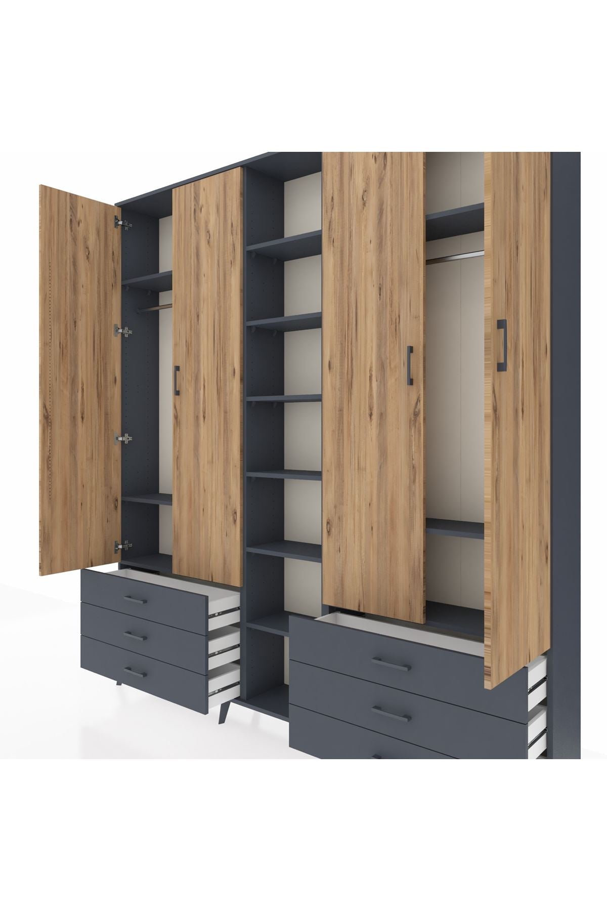 Arges Dolap 13 Raflı 6 Çekmeceli 2 Askılı 220x30x243 Antrasit-Çam/Antrasit