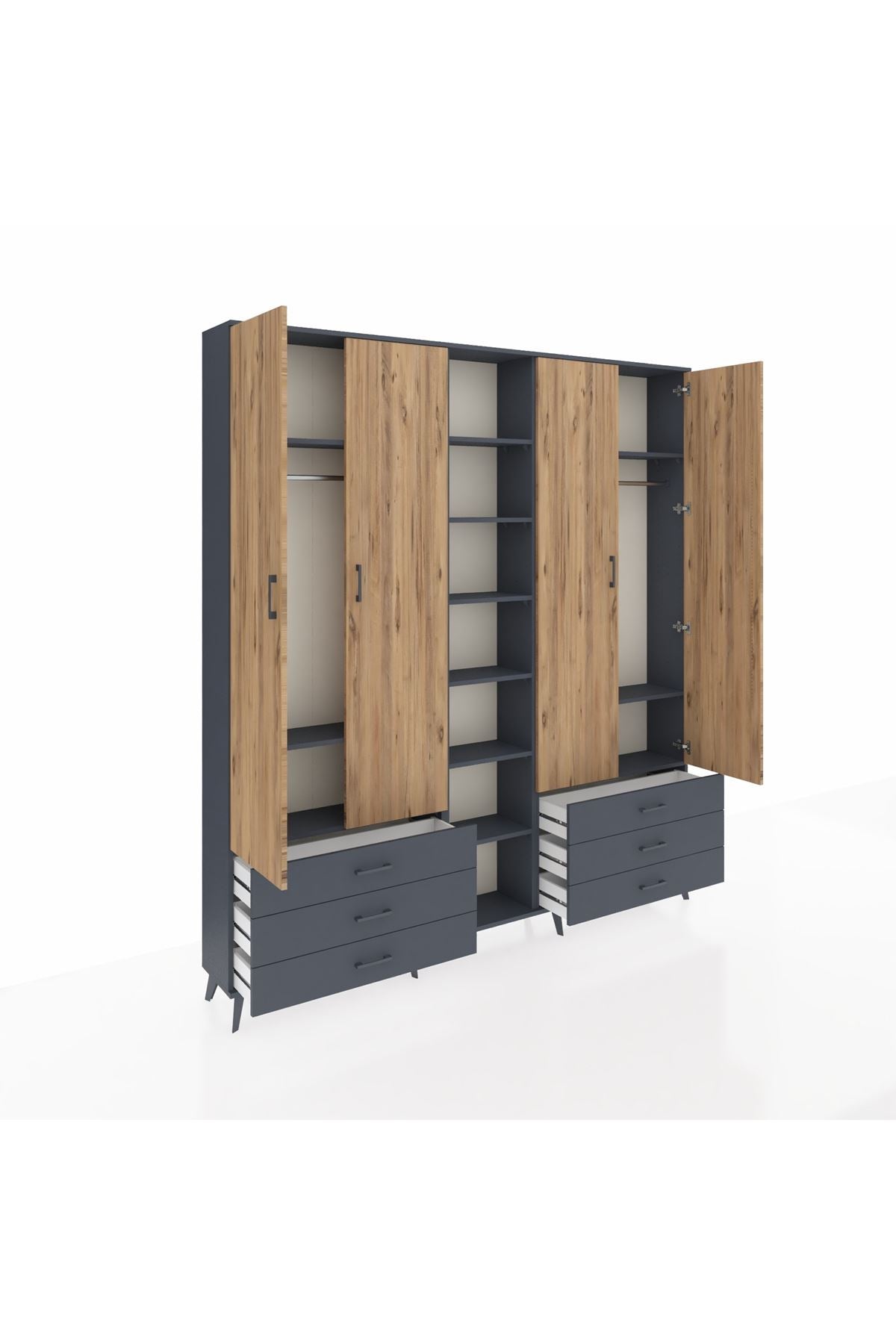 Arges Dolap 13 Raflı 6 Çekmeceli 2 Askılı 220x30x243 Antrasit-Çam/Antrasit