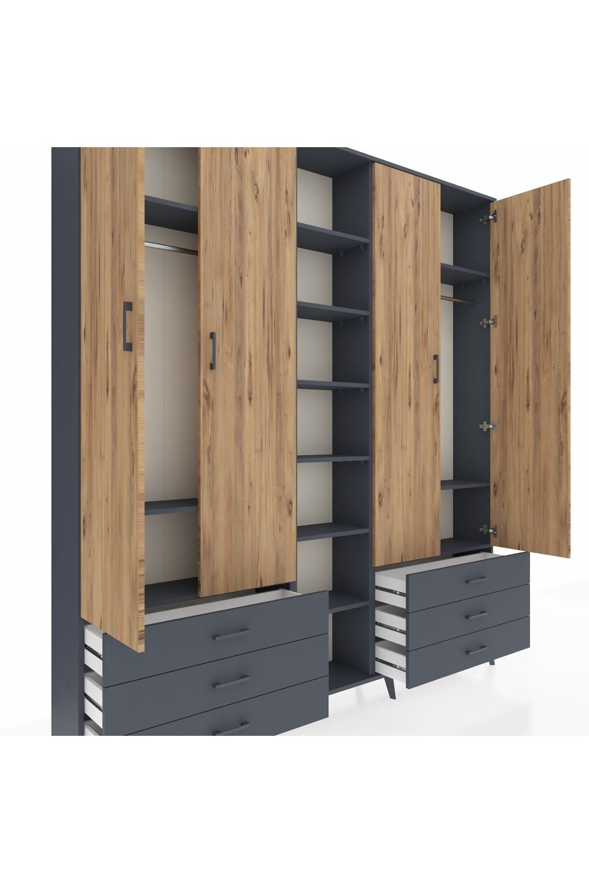 Arges Dolap 13 Raflı 6 Çekmeceli 2 Askılı 220x30x243 Antrasit-Çam/Antrasit