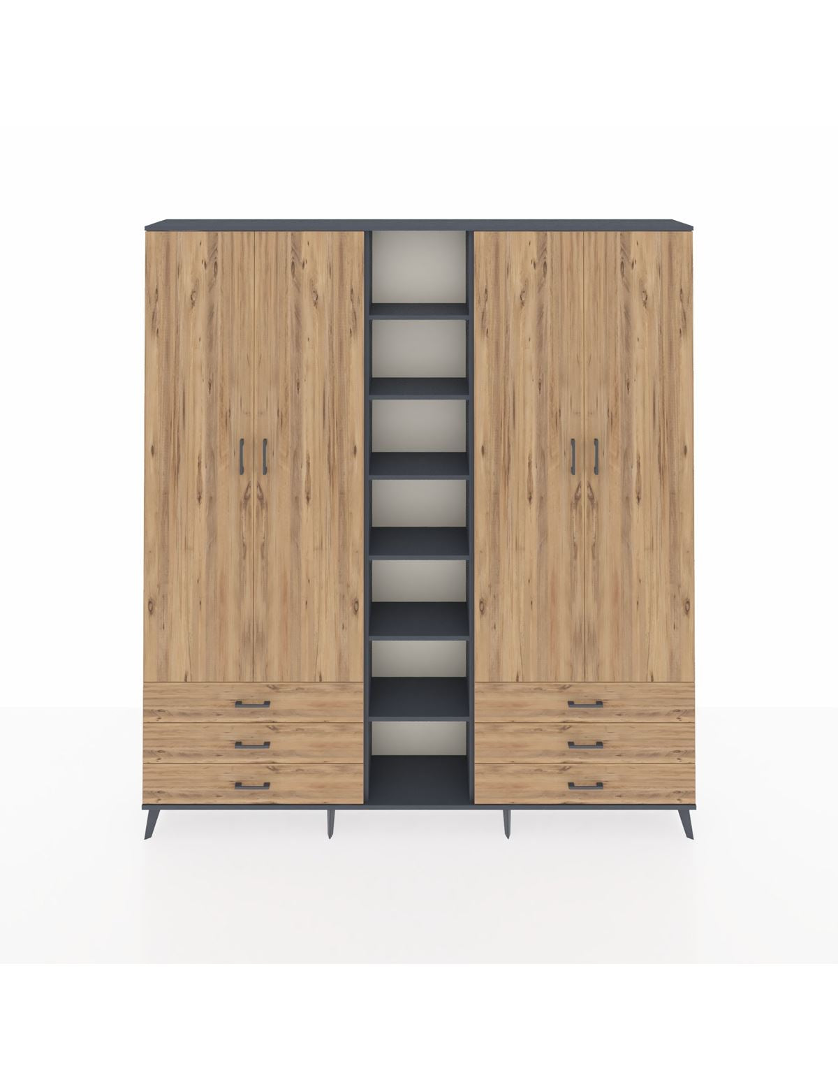 Arges Gardrop 13 Raflı 6 Çekmeceli 2 Askılı 220x30x243 Antrasit-Çam