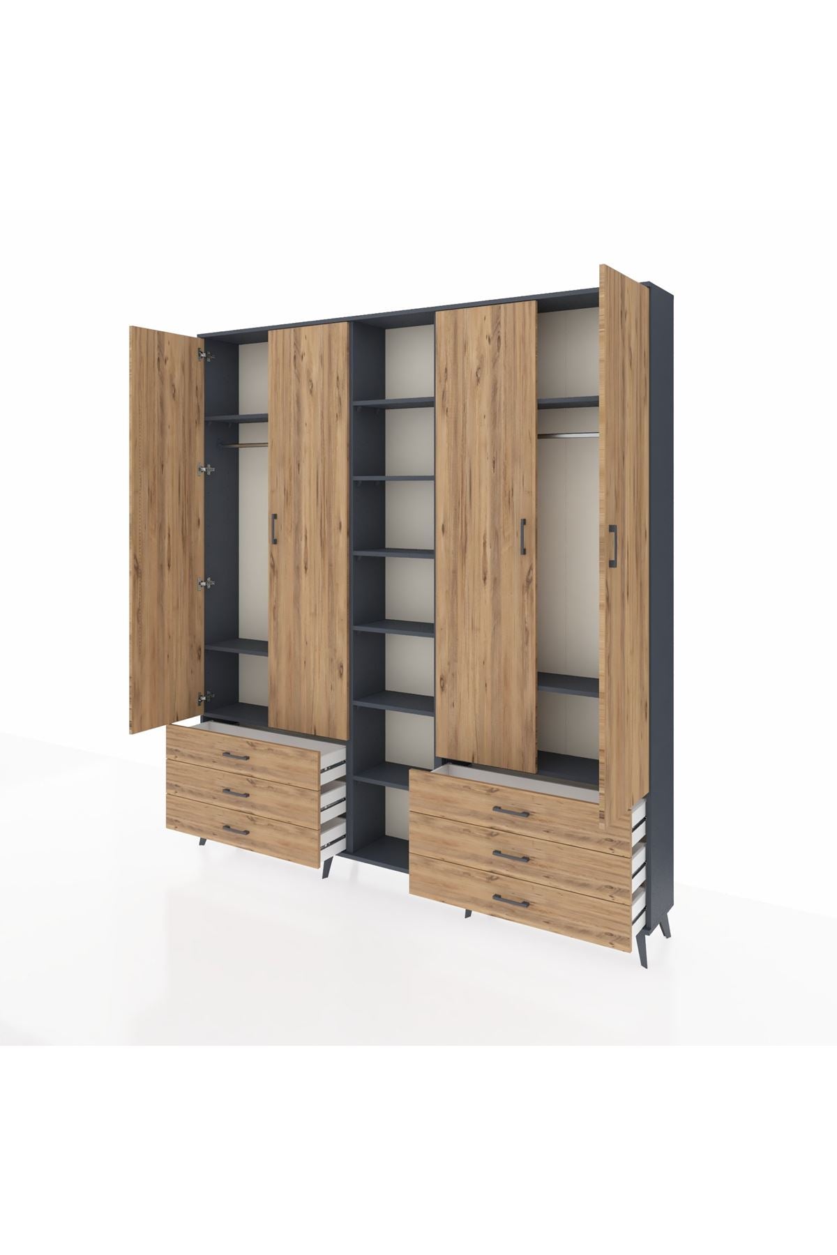 Arges Gardrop 13 Raflı 6 Çekmeceli 2 Askılı 220x30x243 Antrasit-Çam