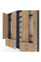 Arges Gardrop 13 Raflı 6 Çekmeceli 2 Askılı 220x30x243 Antrasit-Çam