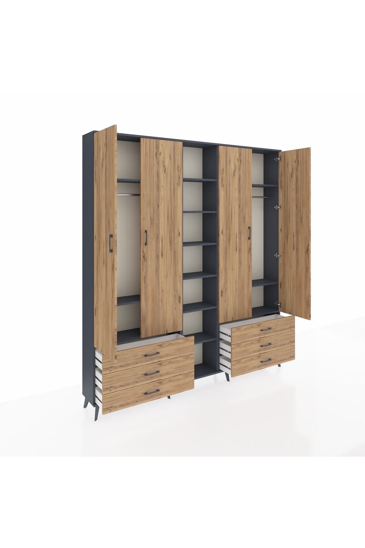 Arges Gardrop 13 Raflı 6 Çekmeceli 2 Askılı 220x30x243 Antrasit-Çam