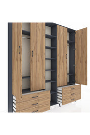 Arges Gardrop 13 Raflı 6 Çekmeceli 2 Askılı 220x30x243 Antrasit-Çam