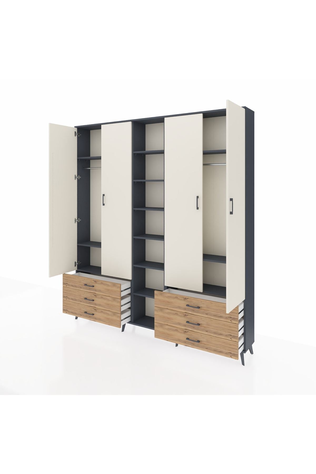 Arges Dolap 13 Raflı 6 Çekmeceli 2 Askılı 220x30x243 Antrasit-Aytaşı/Çam